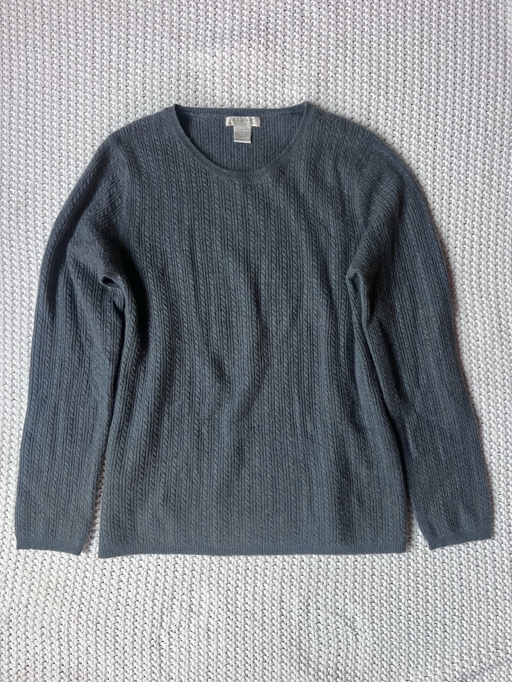 100% Cashmere Cable Knit Gray Grey Long Sleeve Soft Cozy Sweater Shirt Sz Large